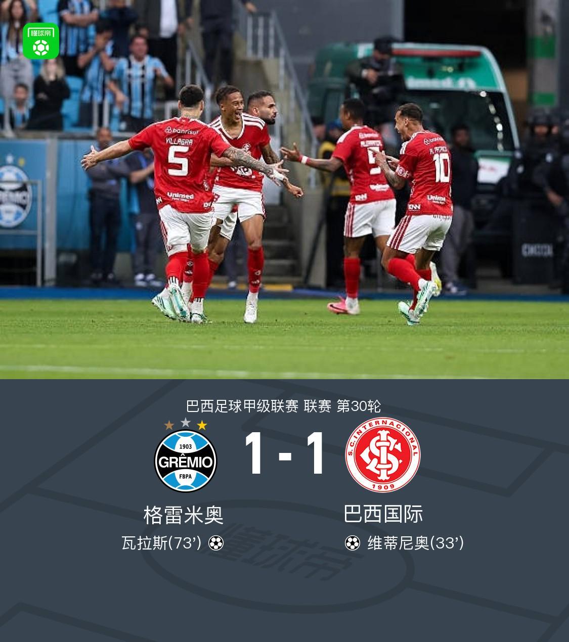 格雷米奥1-1巴西国际，维蒂尼奥打破僵局，瓦拉斯扳平